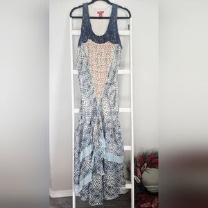 Sundance Silk Dress Size 14 Boho Tiered Ruffle Handkerchief Hem Lace Mixed Print